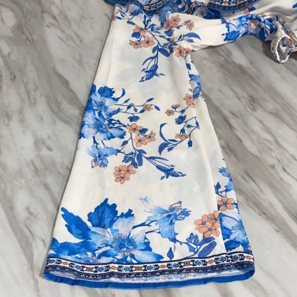 Vici White Floral Ruffle Tie-Front Blouse with Blue & Peach Accents - Picture 7 of 11